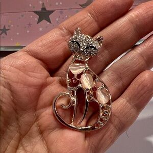 Sparkling Cat Brooch with Pink Accents